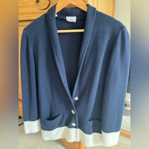 Vintage Valentino Boutique navy blue/white cashmere cardigan with shell buttons.